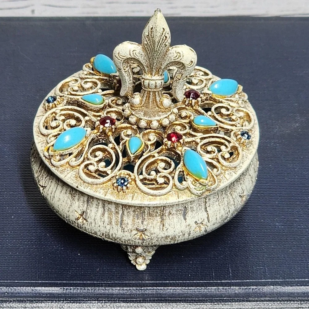 Vintage Florenza Fleur de Lis Trinket Box Jeweled Turquoise‎ Filigree Victorian